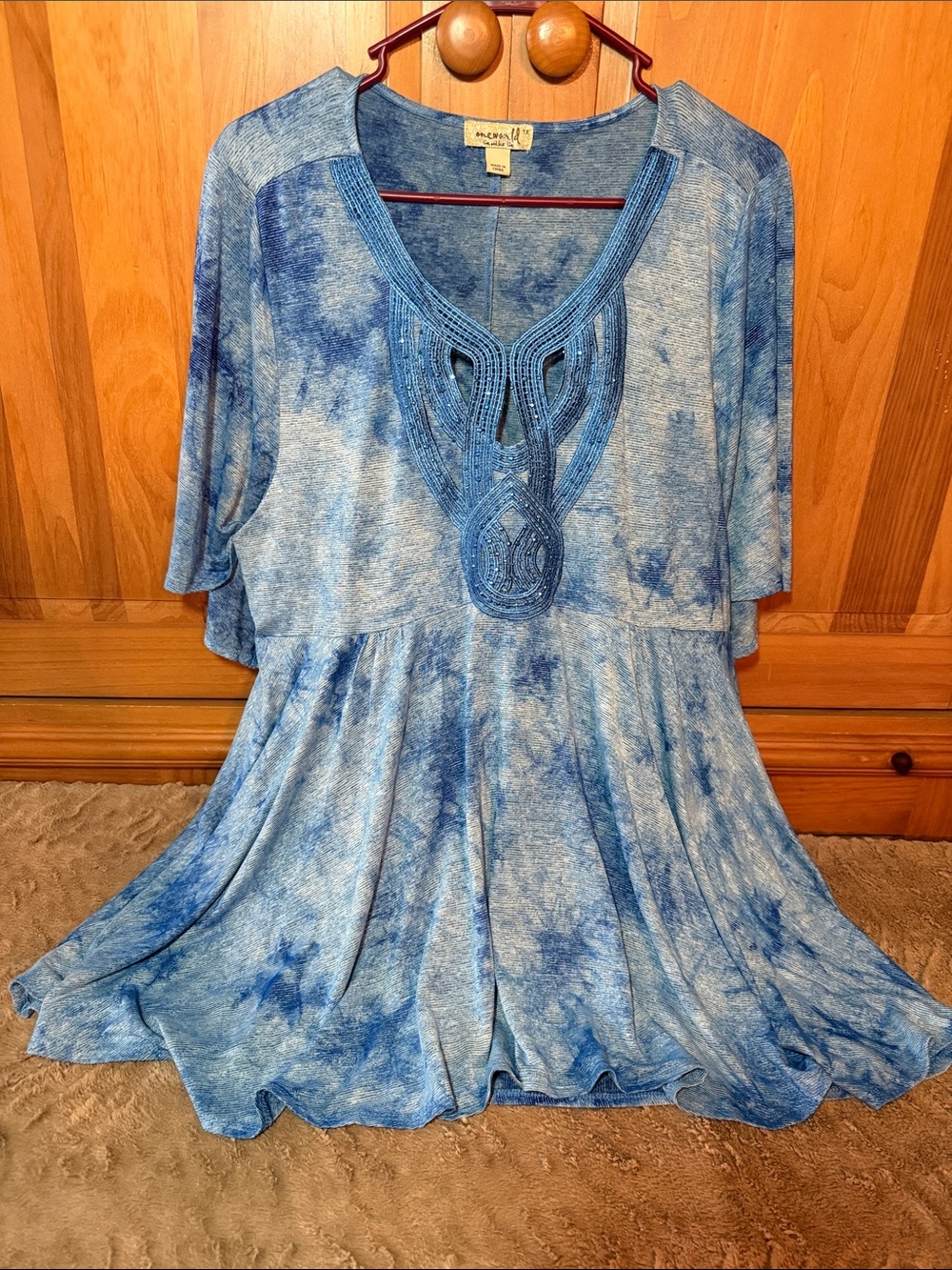 One World Blue Tie-Dye V-Neck Tunic with Embroidered Yoke & sparkles